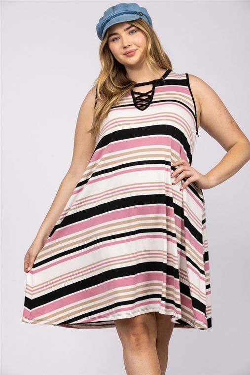 MULTI COLOR PINK/BLACK/BEIGE SLEEVELESS PLUS SIZE KNIT MIDI DRESS