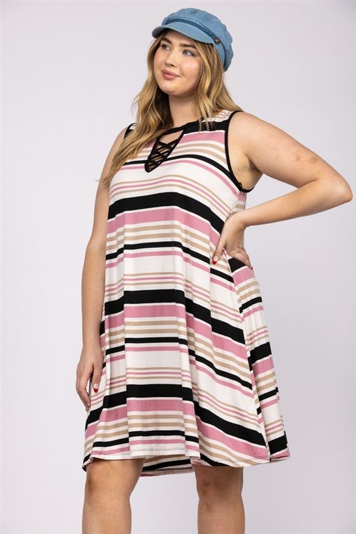 MULTI COLOR PINK/BLACK/BEIGE SLEEVELESS PLUS SIZE KNIT MIDI DRESS