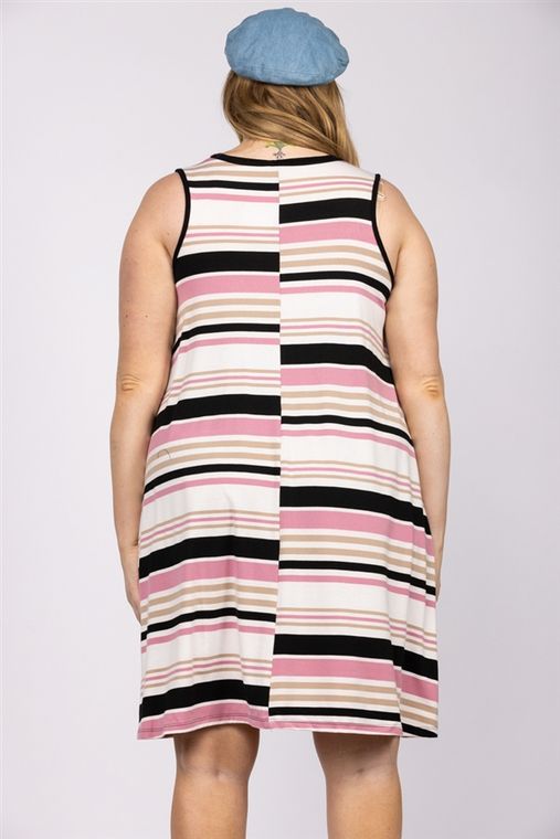 MULTI COLOR PINK/BLACK/BEIGE SLEEVELESS PLUS SIZE KNIT MIDI DRESS